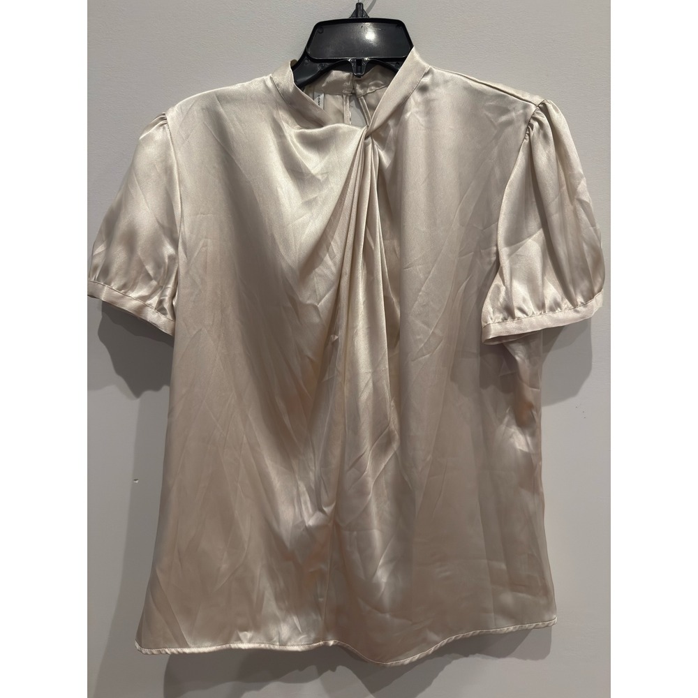 MNG by Mango Women Champagne Satin Mock Neck Twist Front Puff Sleeve Blouse Sz 8
